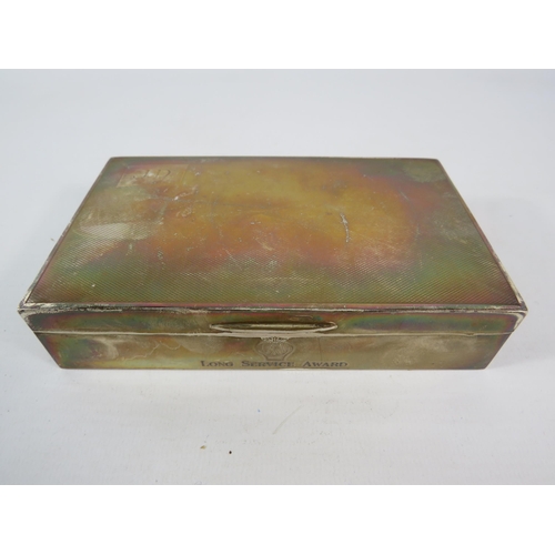 786 - Sterling silver cigarette box Birmingham 1956 AA long service with initals JD, lined with cedar wood... 