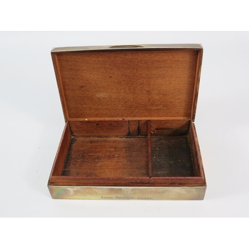 786 - Sterling silver cigarette box Birmingham 1956 AA long service with initals JD, lined with cedar wood... 