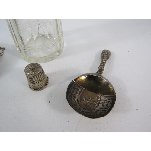 788 - Mixed sterling silver including Two Thimbles, bangle, sugar sifter etc, silver weight 44 grams.