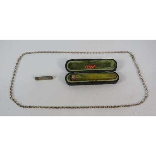 792 - Antique Cheroot holder with 9ct gold end, Sterling silver necklace and baby badge.