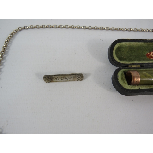 792 - Antique Cheroot holder with 9ct gold end, Sterling silver necklace and baby badge.