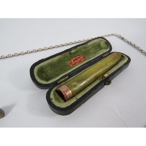 792 - Antique Cheroot holder with 9ct gold end, Sterling silver necklace and baby badge.