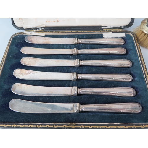 794 - Set of Butter knives with sterling silver handles plus a selection of silver plated items including ... 