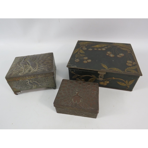 800 - Two vintage chinese metal trinket boxes with peacock decoration plus a vintage tin.