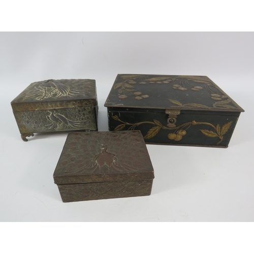 800 - Two vintage chinese metal trinket boxes with peacock decoration plus a vintage tin.