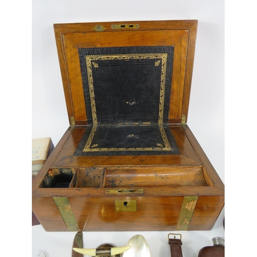 810 - Antique 1902 writing box with brass inlay, Two oriental trinket boxes and a small selection of colle... 