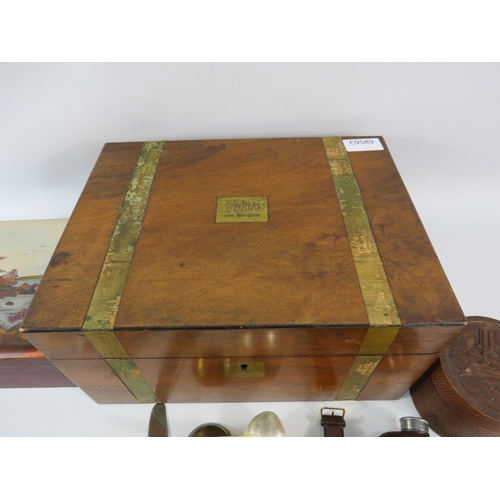 810 - Antique 1902 writing box with brass inlay, Two oriental trinket boxes and a small selection of colle... 