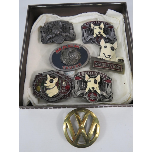 821 - Seven belt buckles, VW, Mack trucks, Budwiser etc.