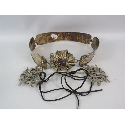 828 - Unusual vintage white metal belt with amethyst quartz stone plus a white metal belt buckle.