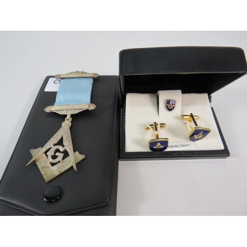 837 - Sterling silver masonic medal and a cufflink and tie pin set.