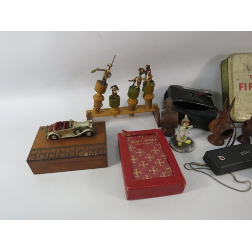 864 - Mixed lot including a vintage first aid tin and contents, playing cards, Bottle stops, cameras etc