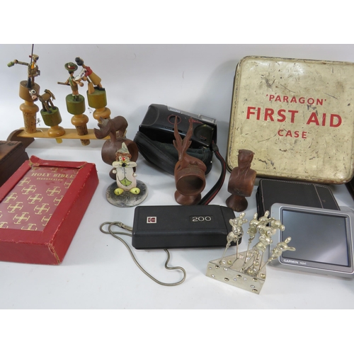 864 - Mixed lot including a vintage first aid tin and contents, playing cards, Bottle stops, cameras etc