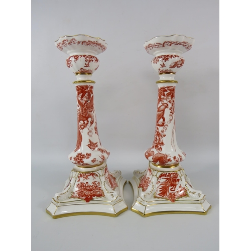 8 - Pair of Royal Crown Derby Red Aves large candlesticks, 10.5