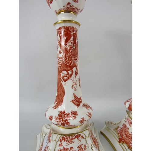 8 - Pair of Royal Crown Derby Red Aves large candlesticks, 10.5