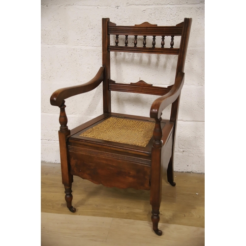 1225 - Antique Oak Commode Chair with Bergere seat. Original ceramic lidded pot to seat. Make great indoor ... 