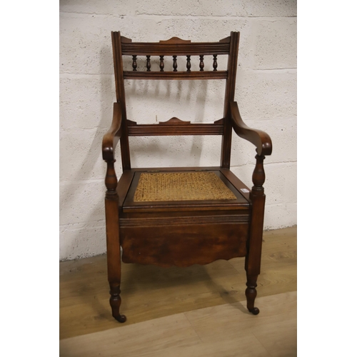 1225 - Antique Oak Commode Chair with Bergere seat. Original ceramic lidded pot to seat. Make great indoor ... 