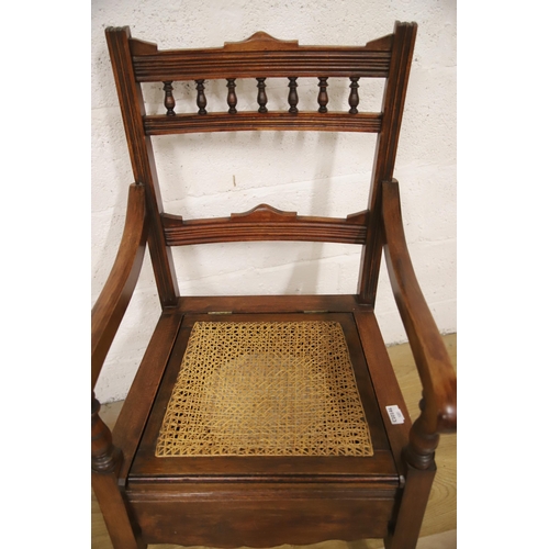 1225 - Antique Oak Commode Chair with Bergere seat. Original ceramic lidded pot to seat. Make great indoor ... 