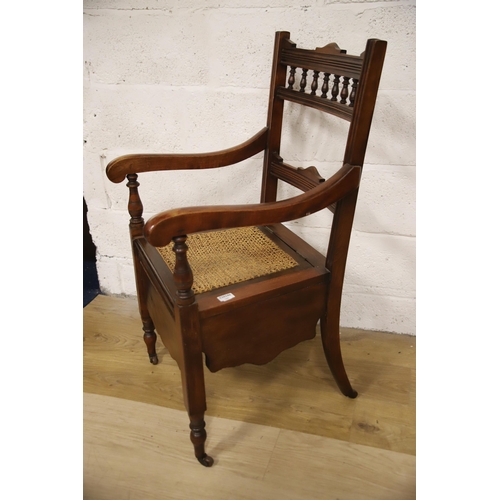 1225 - Antique Oak Commode Chair with Bergere seat. Original ceramic lidded pot to seat. Make great indoor ... 