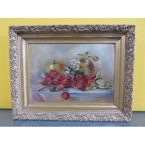 390 - Antique Still life Oil on canvas of fruit, signed P Taylor 1900 in a ornate frame, (painting size 34... 