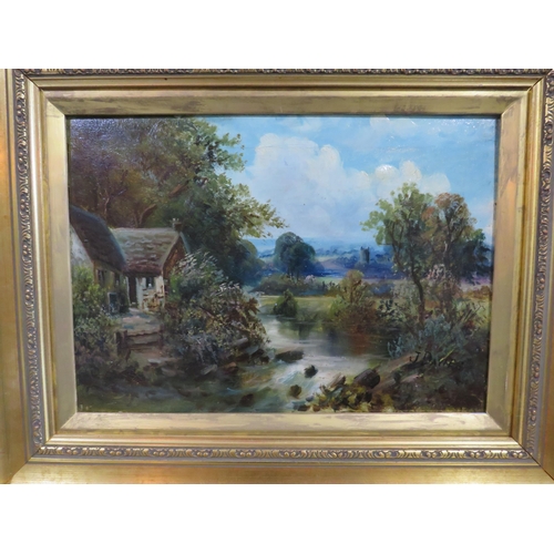 394 - Two Antique ornate framed oil on canvas paintings of country cottages signed J Davies. Frame 21 by 1... 