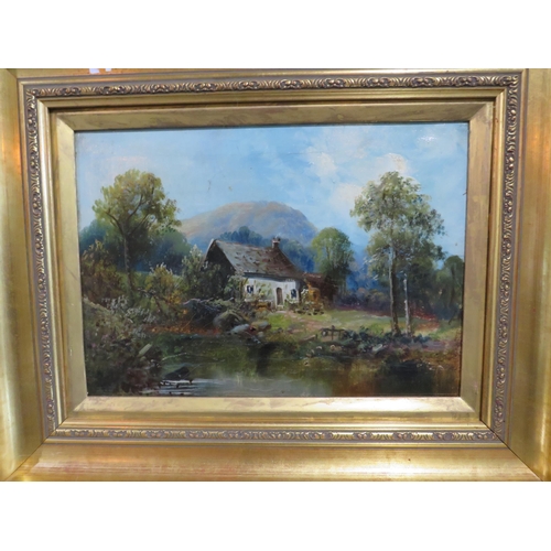 394 - Two Antique ornate framed oil on canvas paintings of country cottages signed J Davies. Frame 21 by 1... 