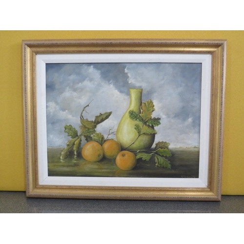 398 - Framed oil on board still life painting of fruit signed H Perry 71, frame 22