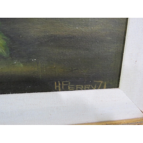 398 - Framed oil on board still life painting of fruit signed H Perry 71, frame 22