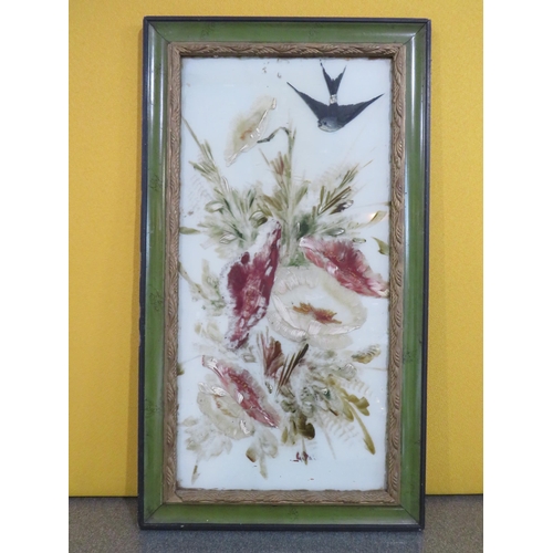 400 - Framed Victorian oil on glass painting of a swallow and flowers, Frame size 27