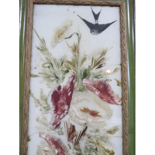 400 - Framed Victorian oil on glass painting of a swallow and flowers, Frame size 27