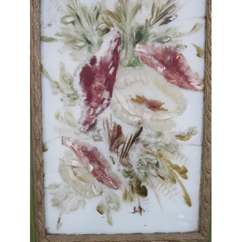 400 - Framed Victorian oil on glass painting of a swallow and flowers, Frame size 27