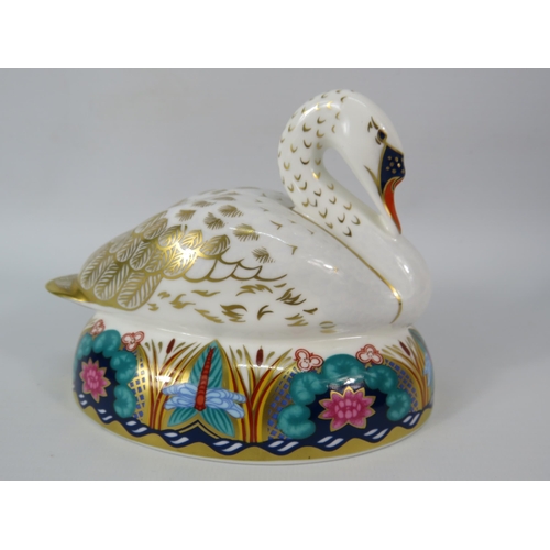 18 - Royal Crown Derby Swan paperweight with gold stopper.