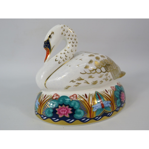 18 - Royal Crown Derby Swan paperweight with gold stopper.