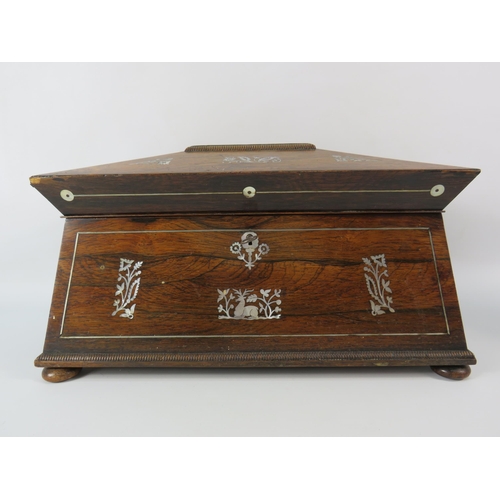 32 - A 19th Century rose wood & mother of pearl inlay tea caddy casket shape with glass bowl. 8