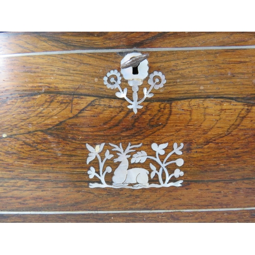 32 - A 19th Century rose wood & mother of pearl inlay tea caddy casket shape with glass bowl. 8