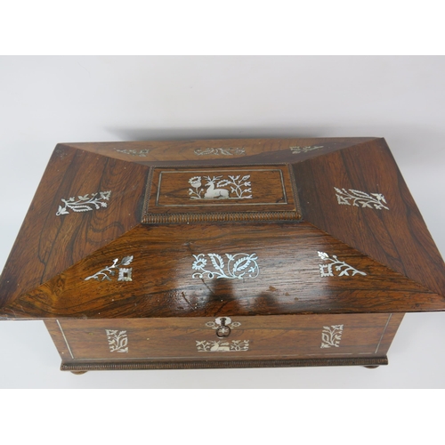 32 - A 19th Century rose wood & mother of pearl inlay tea caddy casket shape with glass bowl. 8