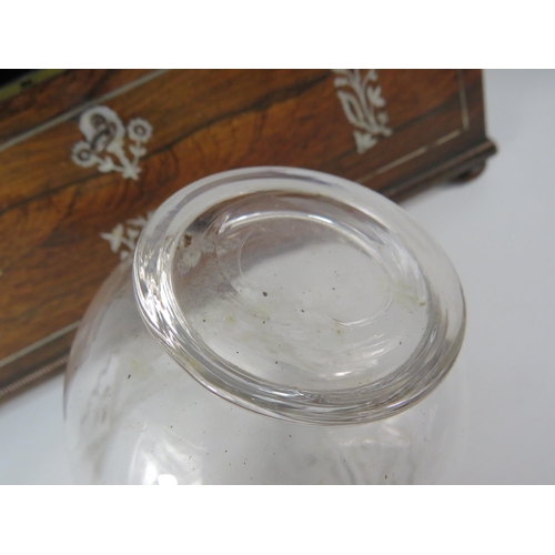 32 - A 19th Century rose wood & mother of pearl inlay tea caddy casket shape with glass bowl. 8