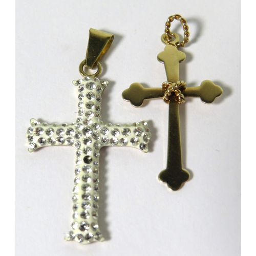 107 - Two 9ct Yellow Gold Crucifix, one set with CZ (one stone missing) the other Plain 9ct Gold.  Total w... 