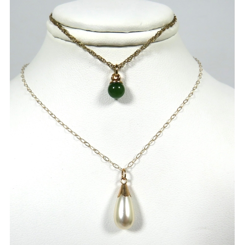 109 - 9ct Yellow Gold Pearl set pendant hung upon a 16 inch 9ct Yellow Gold Chain plus a Jade set 9ct Yell... 