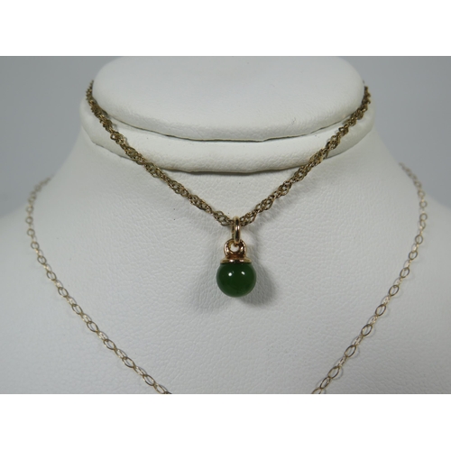 109 - 9ct Yellow Gold Pearl set pendant hung upon a 16 inch 9ct Yellow Gold Chain plus a Jade set 9ct Yell... 