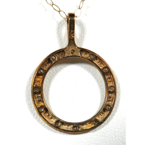 114 - 9ct Yellow Gold Circular 'Porthole' Pendant set with 12 Tiny Diamonds hung upon a 16 inch 9ct Yellow... 