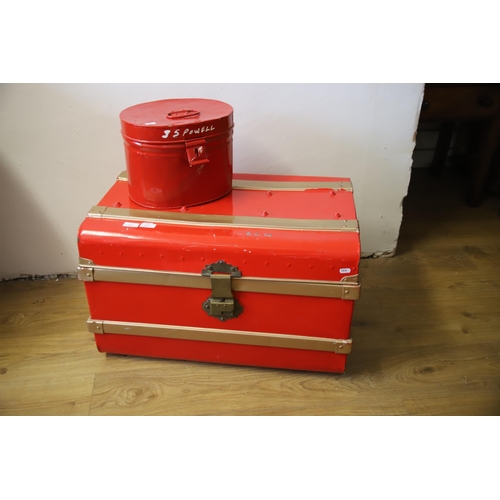 1297 - Painted metal Trunk plus metal hat box.  Trunk measures H:17 x W:27 x D:18 inches. See photos.