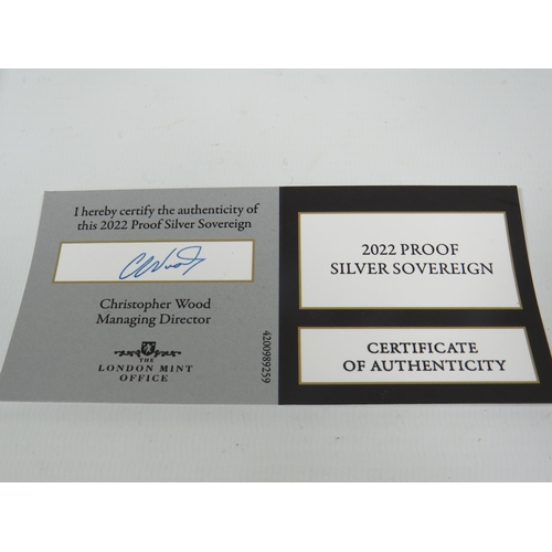 131 - 2022 (.999) Silver Sovereign 7.98g in Proof Condition. With COA from London Mint Office.  See photos... 