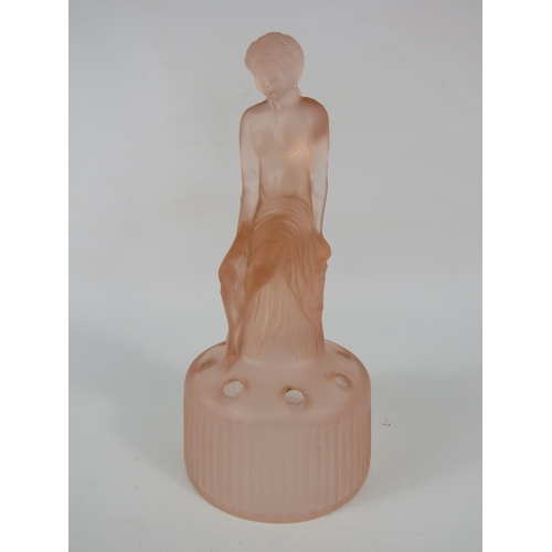 48 - Art deco pink Sowerby glass seated nude lady centre frog, 6 3/4