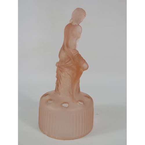 48 - Art deco pink Sowerby glass seated nude lady centre frog, 6 3/4