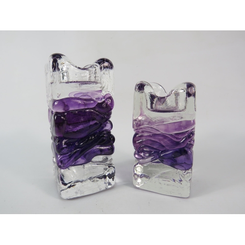 53 - Two signed art glass tea light holders by Sanders and Wallace, the tallest stands 4 3/4