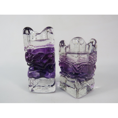 53 - Two signed art glass tea light holders by Sanders and Wallace, the tallest stands 4 3/4