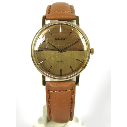 141 - Sekonda 27 Jewel Gents watch with gold tone face in Working order. Good Beige leather strap. See pho... 