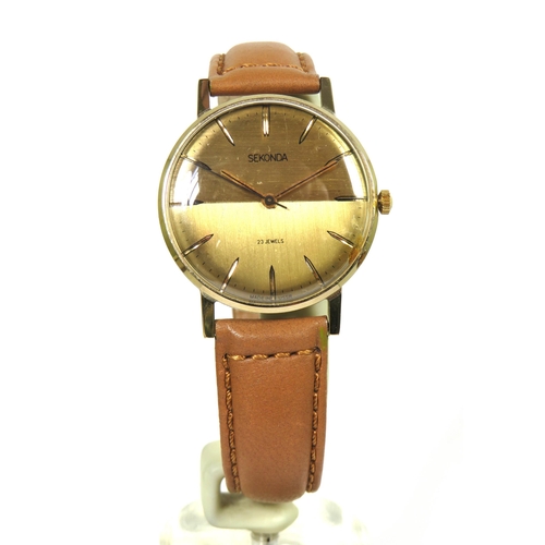 141 - Sekonda 27 Jewel Gents watch with gold tone face in Working order. Good Beige leather strap. See pho... 