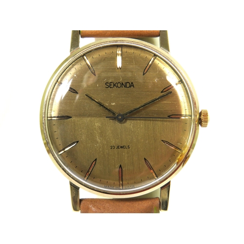 141 - Sekonda 27 Jewel Gents watch with gold tone face in Working order. Good Beige leather strap. See pho... 