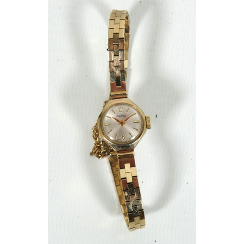 145 - 9ct Yellow Gold 'Romer' ladies watch with 9ct Gold strap with safety chain fitted. Comes with origin... 